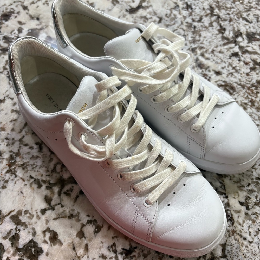 Tory Burch White Howell Court Sneakers with Silver Heel Accent